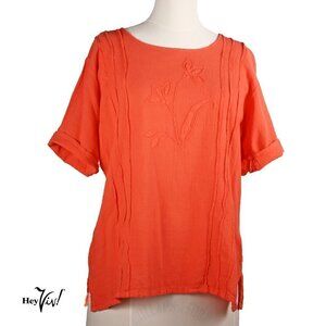 Coral Pink Embroidered Cotton Short Sleeve Top